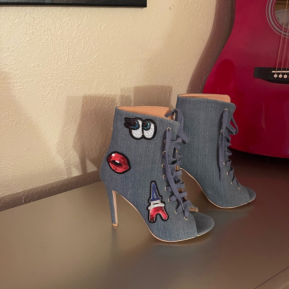 Denim Booties w/ Sequin Designs